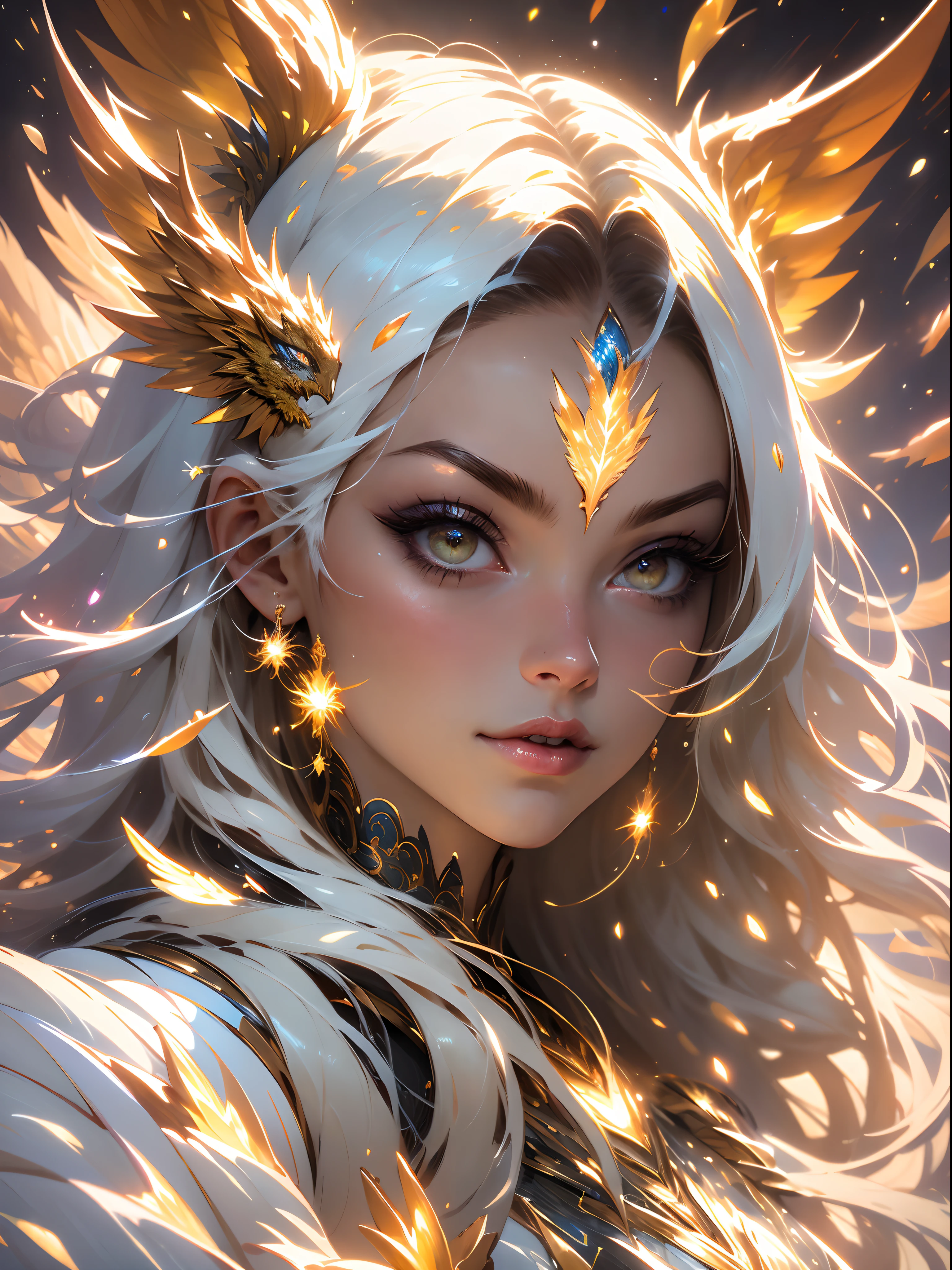 Masterpiece نيكو, أعلى Quality, أفضل Quality, Official art, Beautiful and aesthetic: 1.2)، (one girl), Highly detailed eyes, (Fractal art: 1.3)-Bright colours, more details, (Perfect face), Glowing skin, Human development report, ( White robe with golden stripes: 1.2)galaxy (Optical lines)-Amazing pictures, (dynamic streaks, Light paths: 1.2)-Vibrant colors, (Phoenix)، (Dragon)-Masterpiece, Best Quality, (Masterpiece)، (The best) Quality: 1.4)، (Extremely high accuracy: 1.2)، (Very realistic: 1.4)، (real: 1.2)