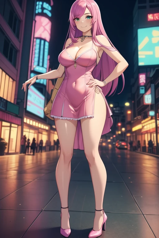 1 girl, 19 years old, Long pink hair, green eyes with slit pupils, master-piece, best quality, (standing up), (pink dress), (tight short pink dress, pink heels, cleavage), (Big , ultra gigantic , Super super big, Glamorous body), Make eye contact with the camera, front figure, looking forward, (light_Smile:1.5), (Detailed hands and fingers:1.2) (Cyberpunk City), (FULL BODYSHOT), thighs thighs thighs thighs、beauty legs、