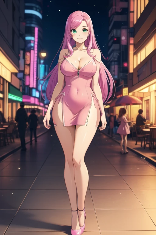 1 girl, 19 years old, Long pink hair, green eyes with slit pupils, master-piece, best quality, (standing up), (pink dress), (tight short pink dress, pink heels, cleavage), (Big , ultra gigantic , Super super big, Glamorous body), Make eye contact with the camera, front figure, looking forward, (light_Smile:1.5), (Detailed hands and fingers:1.2) (Cyberpunk City), (FULL BODYSHOT), thighs thighs thighs thighs、beauty legs、