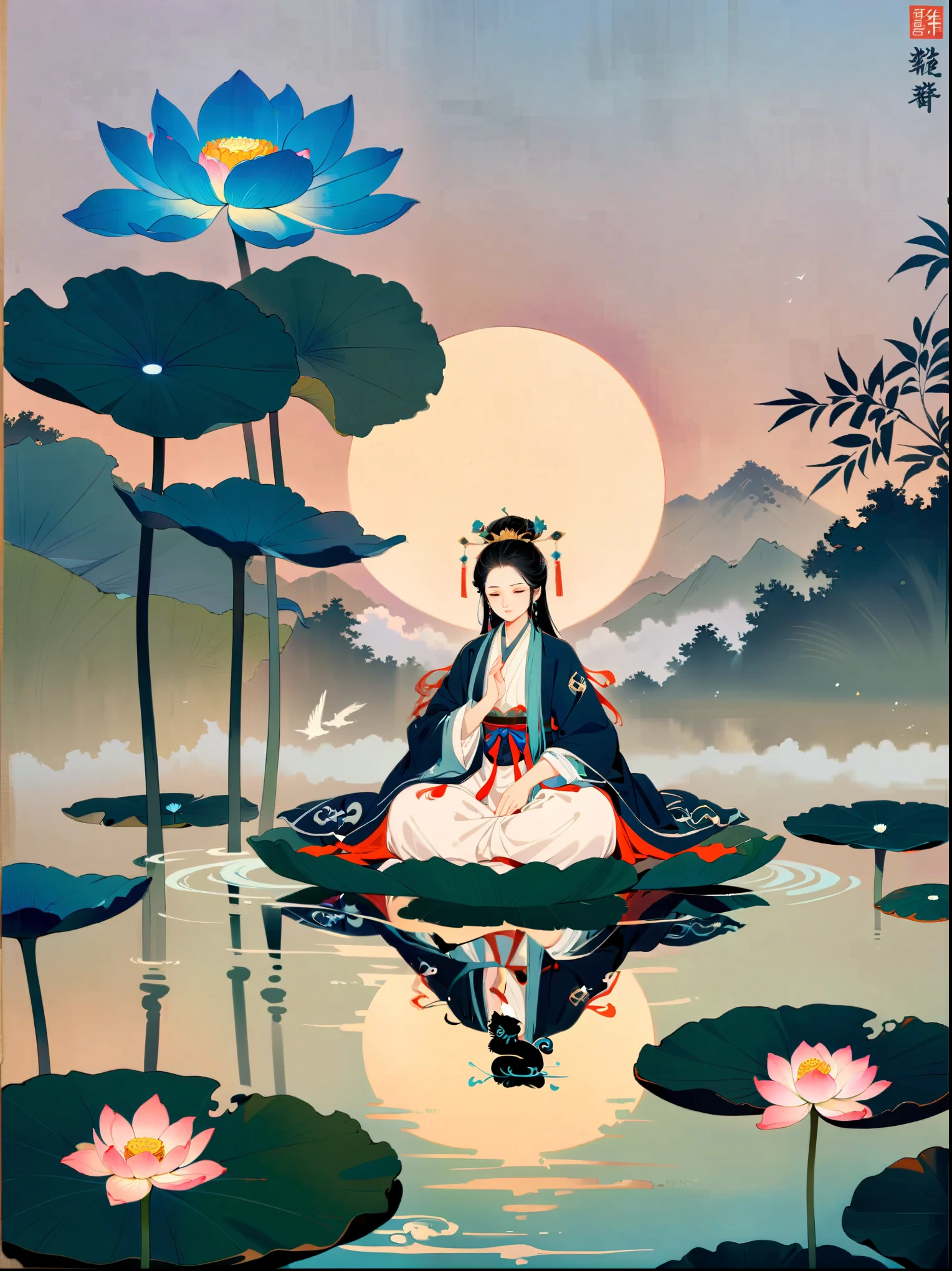 Taoist sage meditating in a tranquil lotus pond,Yin and Yang symbols,I Ching Hexagrams,Swirling Mist,lotus,peaceful atmosphere,Peaceful nature scene,(best quality,8k,high resolution,masterpiece),Super detailed,concept art,intricate details,Ambient lighting,Cinema Effect,bright colors