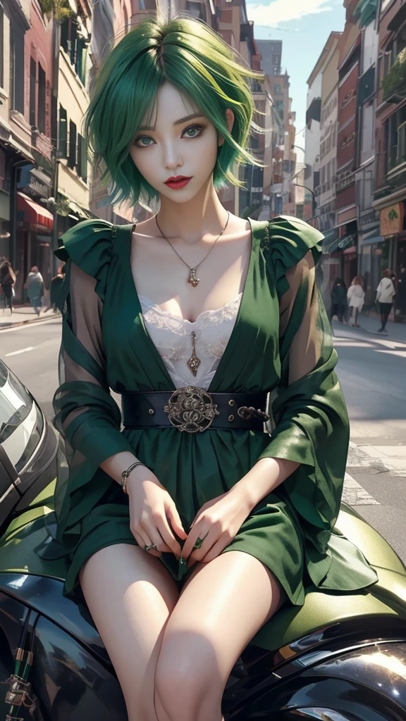 ​masterpiece, top-quality, ((1womanl)), different green color, finely eye and detailed face, intricate detailes, Casual black and green attire, window, A smile, Happiness, tenderness, high-level image quality、selfee, Beautuful Women、tall、a small face, D-cups, The upper part of the body、nightfall, nighttime scene、𝓡𝓸𝓶𝓪𝓷𝓽𝓲𝓬、Korea person, Idol Photos, Model photo, k pop, Professional Photos, Vampires, Korean fashion in black and green, Fedoman with necklace, inspired by Sim Sa-jeong, androgynous vampire, :9 detailed face: 8, extra detailed face, detailed punk hair, ((eyes are deialed)) baggy eyes, Seductive. Highly detailed, semi realistic anime, Vampires, hyperrealistic teen, Delicate androgynous princess, imvu, ((short hair woman)), green hair woman with wild look, ((Woman with short green hair)), ((1 persons)), sitting,