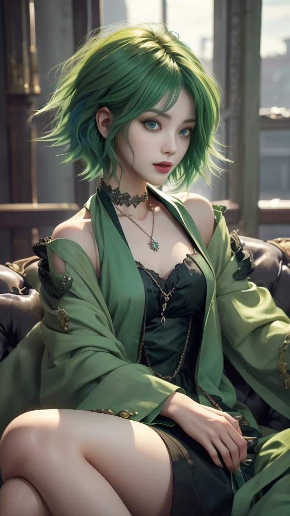 (work of art, best qualityer:1.2), only, 1 girl, tatsumaki, not funny, cloused mouth, looking a viewer, hand on our face, sitting down, short dress,muslos grandes,crossing the leg