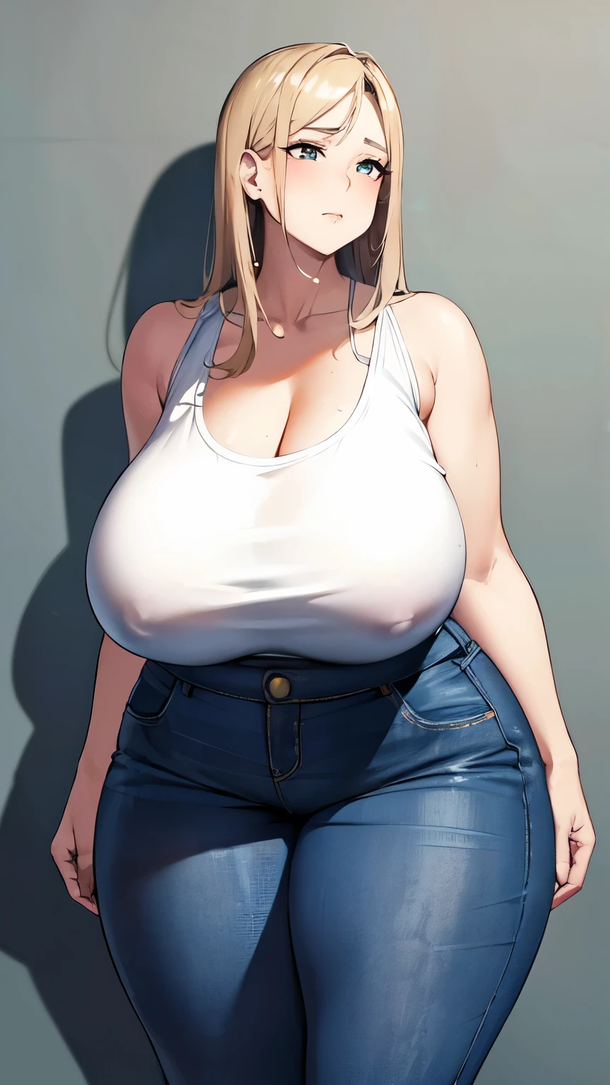 huge breasts, big hips, Tank top, denim shorts, full body shot, mature mother, Whip whip lower body, plump thighs, plump calves, bewitching mature woman, Perfect body, plus size model,