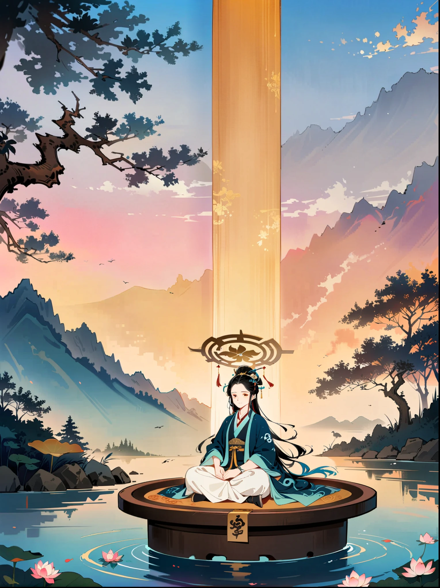 (close-up:1.8)，Ancient forest，White-haired Taoist，漂浮lotus石，Meditate cross-legged，Cyan robe，Gold moire，Ancient characters，Rotating halo，Golden Light Pillar from the Sky，Divine breath，forest creatures，quiet，Sandalwood scent，Mountain stream sound，In a mysterious scene，Yin and Yang symbols，I Ching Hexagrams，Swirling Mist，lotus，peaceful atmosphere，Peaceful nature scene，（best quality，8k，high resolution，masterpiece），Super detailed，concept art，intricate details，Ambient lighting，Cinema Effect，bright colors