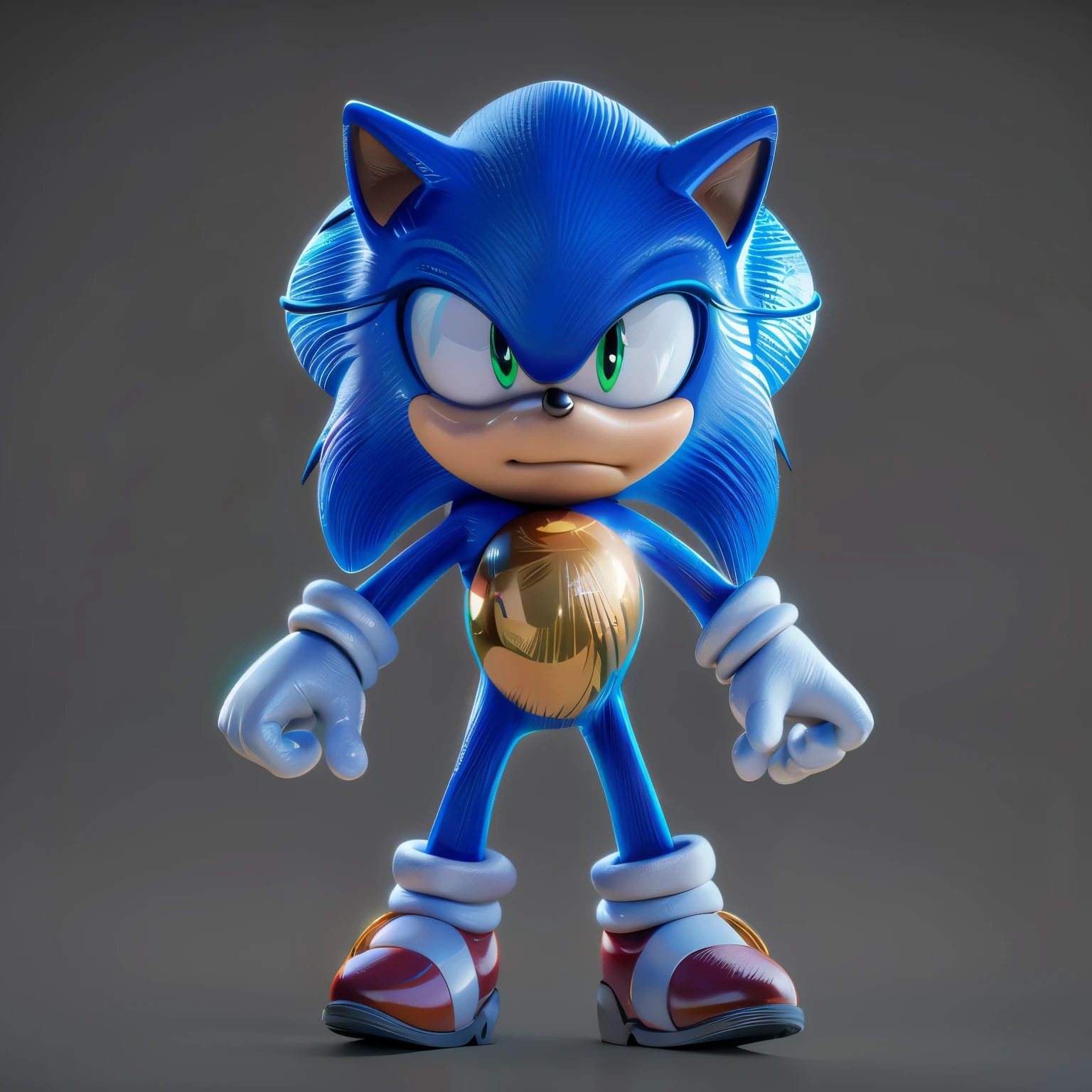 Make a Sonic , qualidade 8k, Disney, smooth 3d model, multiple light sources, rim light, sharp post effects render, (glossy texture with multiple big light probe refractions), perfect cgi, cgi art created only with gradients, smooth silhouette, high intensity refraction, (fluffy material), most beautiful vfx, black background, plastic refractions