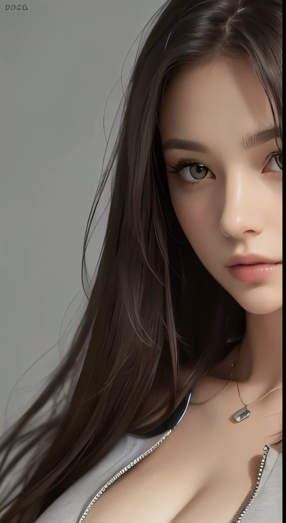 (masterpiece、highest quality、photorealistic、High resolution、photograph、:1.3)、very close up shot、sharp focus、one brunette girl、european girl、hot models、Highly detailed eyes and pupils、real skin、slim body shape、、bust B cup、、highly detailed hair、delicate sexy face、sensual gaze、glossy lips、((Wearing a zip tank top sweatshirt))、((real、超real、realism、Realistic details)、gray background