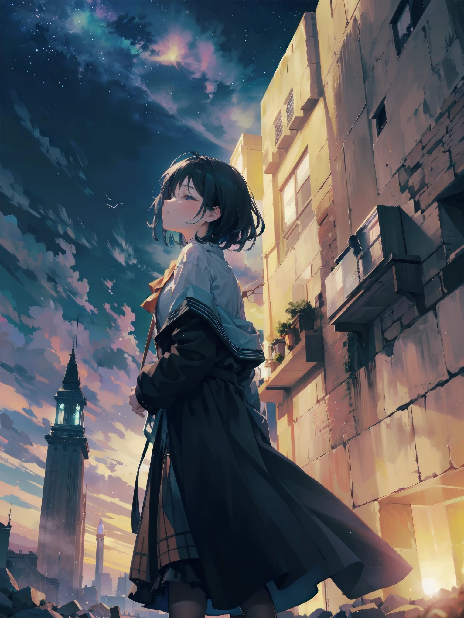 Girl looking up Scene 1: Twilight tower shadow The girl stands quietly against the sky, which is dyed an azure colour. Towering up in front of her is a huge structure called the Tower of Babel. Its form, which seems to pierce through the clouds, seems as if it is about to reach the heavens. The girl's gaze is directed towards the top of the tower. The tower, shrouded in evening darkness, creates a fantastic atmosphere. The surface of the tower is engraved with intricate patterns. It looks like ancient writing. The girl seems to sense something deep within the tower. Is it the memory of a masterpiece story or a longing for an unknown fantasy world? Scene 2: Memory of the starry sky The girl stands at the top of the tower amidst countless twinkling stars in the night sky. At her feet, the lights of the city shine like jewels. The girl closes her eyes and takes a deep breath. The scent of the night breeze is mixed with the old smell of the tower. The girl's mind replayed a famous story. It was a story of adventure and friendship that the girl read as a . The hero of the story, like the girl, climbed the Tower of Babel. There, she meets her friends and overcomes various difficulties. The girl dreamed that one day she, like the hero, would go on an adventure. Scene 3: The promise of the morning glow The girl left the tower just as the light of the morning sun was illuminating it. Looking back, the tower shone in the morning sun and even looked divine. The girl decides that one day she will climb this tower again. And when she does, she vows to spin out the rest of the masterpiece's story. Step by step, the girl walked into the future.