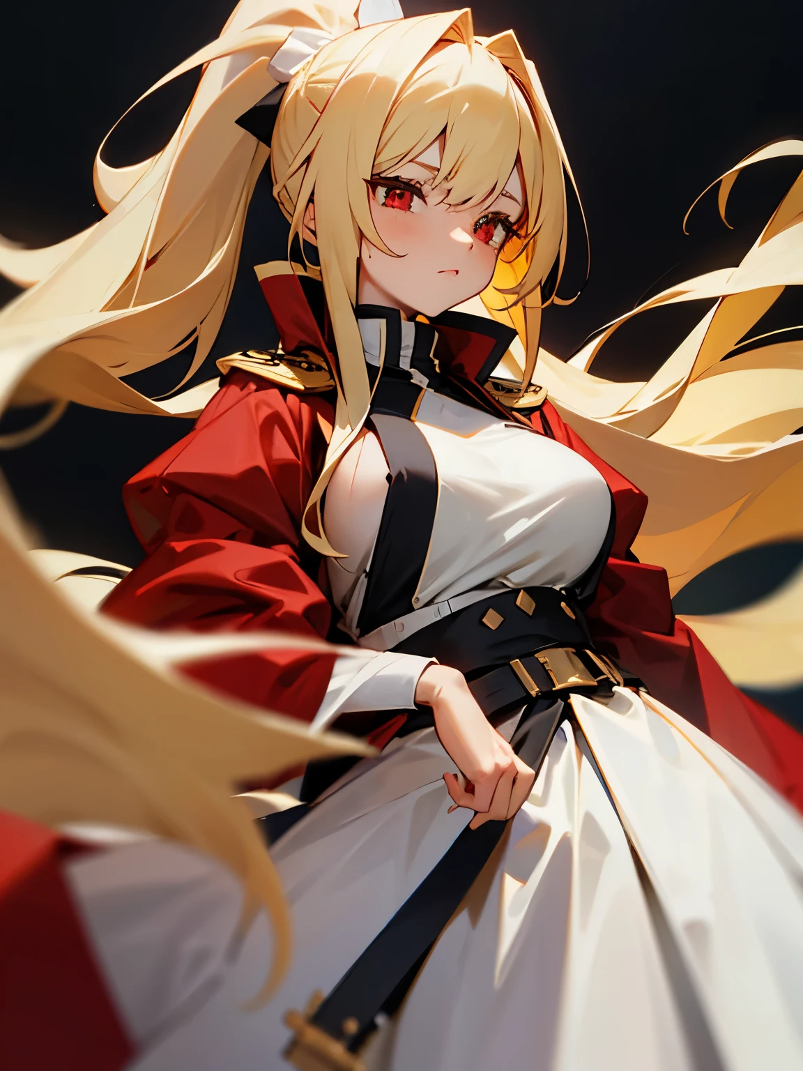 Long blonde haired woman with half ponytail in the middle of her hair, white ombre on the edge of her blonde hair. Red eyes like ruby, she was using white military clothes, her breast is D-cup