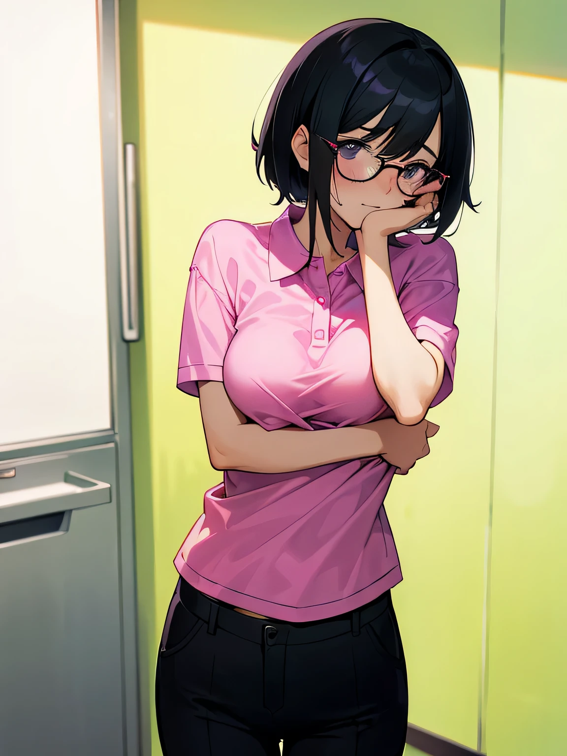short hair, pubic hair, nice breasts, embarrassed, shy, anxious, black hair, short sleeves, arms, in hospital, no panties, short magenta polo shirt, no bra, naked, hands on face, no shoes, glasses, black pants