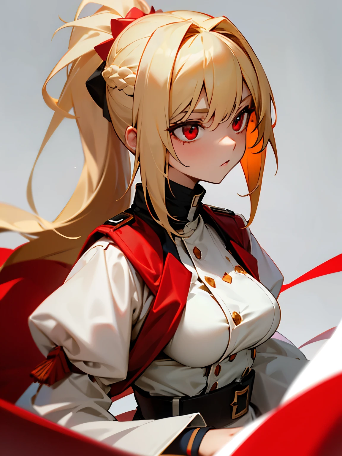 Long blonde haired woman with half ponytail in the middle of her hair, white ombre on the edge of her blonde hair. Red eyes like ruby, she was using white military clothes, her breast is D-cup