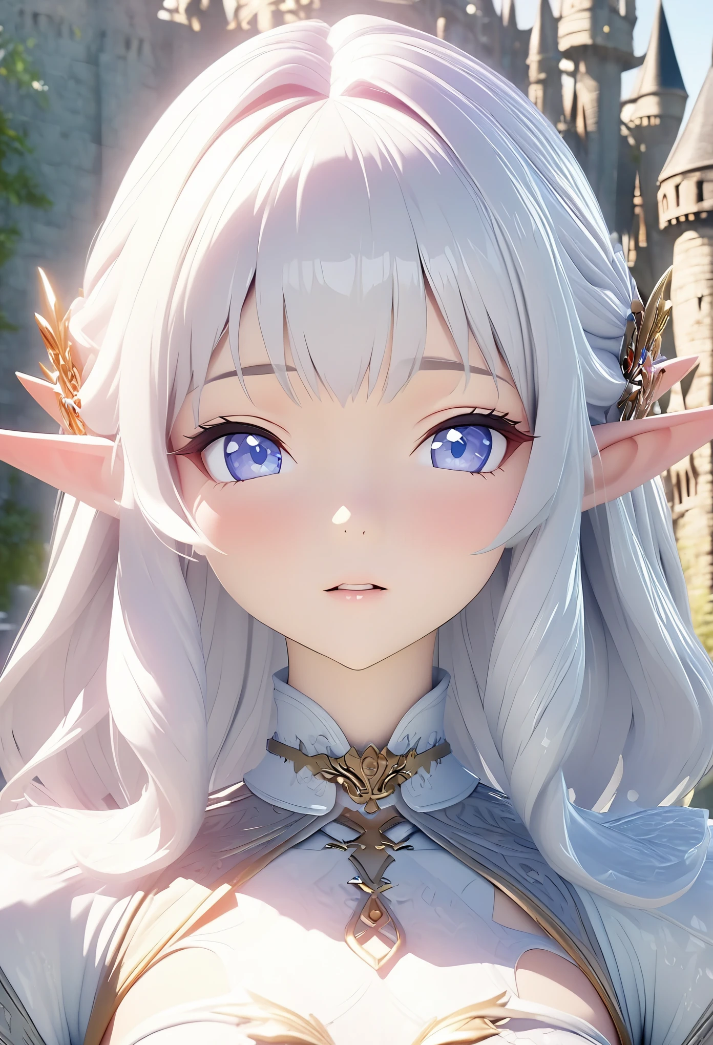 16 year old girl，close up镜头，3D rendering animation，medium shot，masterpiece，High quality, best quality，close up，a girl，Elf，Princess，castle，fantasy，novel，royal family，rich man，Noble，腿部close up，miniskirt