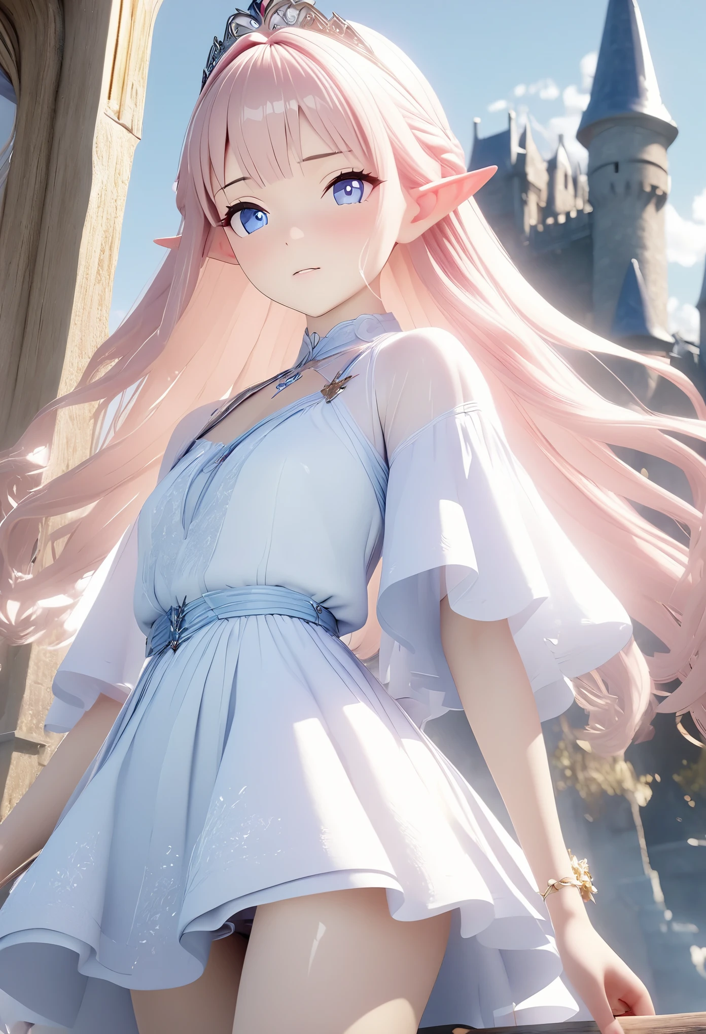 16 year old girl,close up镜头,3D rendering animation,medium shot,masterpiece,High quality, best quality,close up,a girl,Elf,Princess,castle,fantasy,novel,royal family,rich man,Noble,腿部close up,miniskirt