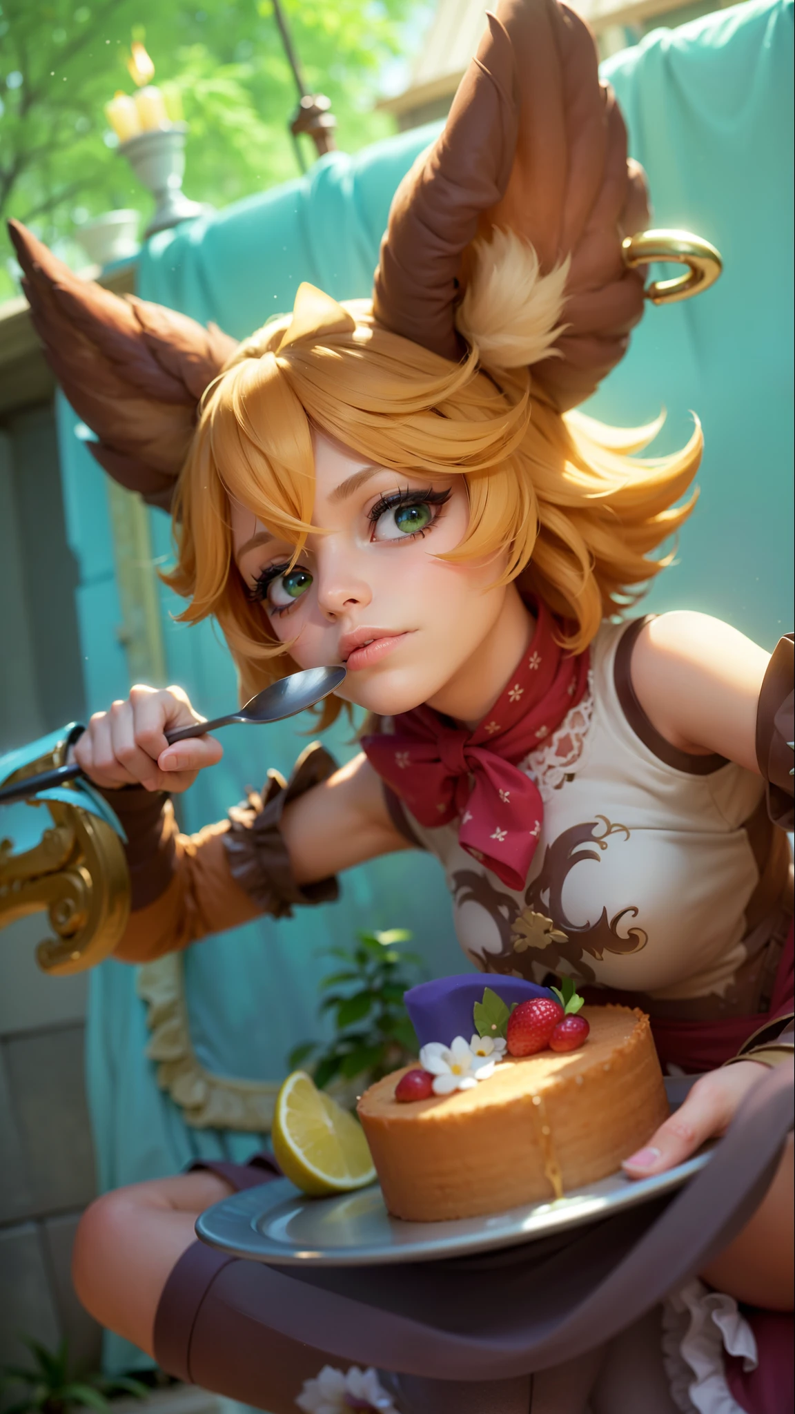 a girl with a cat hat and gloves, girl holding spoon and plate of cake in hands, 8k, ultra hd, ultra detailed texture, hyper realistic, masterpiece, detailed texture, detailed face, detailed skin, detailed lighting, (photorealistic:1.5), best quality, beautiful lighting, cinematic lighting, professional lighting, ultra highres, realistic, detailed hair, real hair, high quality, (realskin:1.5), extremely detailed, finely detail, ultra-detailed, green eyes.