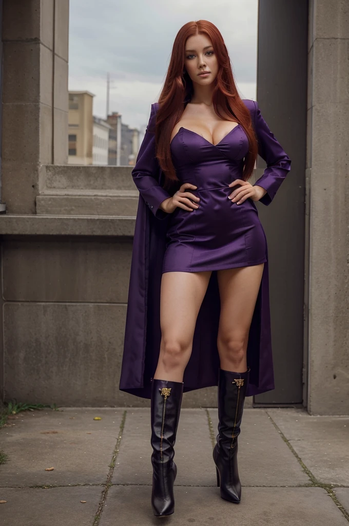 one beautiful women, ankle boots, high heel stilettos, purple military uniform, full body view, extrem long hair, cleavage, red hair, extrem short skirt,