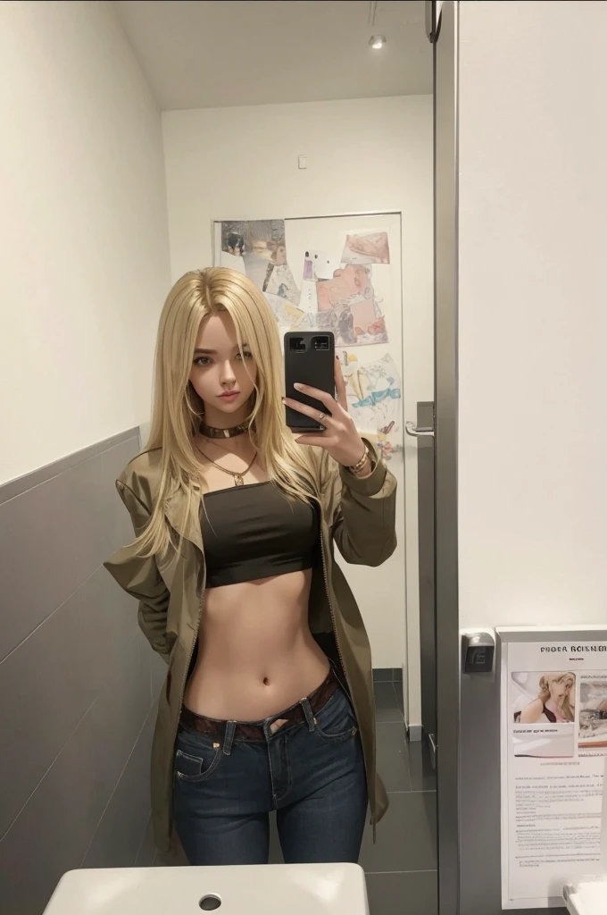 Beautiful young girl crop top slim fit body blonde hair, belly piercing 