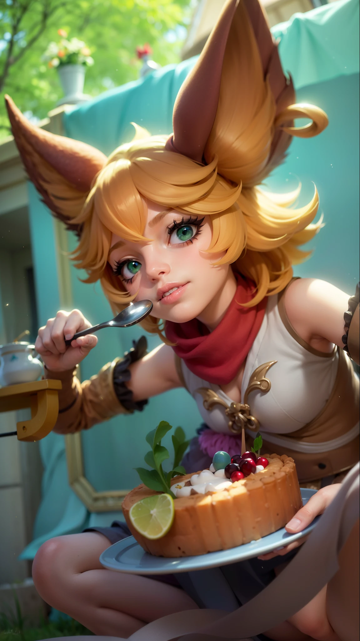 a girl with a cat hat and gloves, girl holding spoon and plate of cake in hands, 8k, ultra hd, ultra detailed texture, hyper realistic, masterpiece, detailed texture, detailed face, detailed skin, detailed lighting, (photorealistic:1.5), best quality, beautiful lighting, cinematic lighting, professional lighting, ultra highres, realistic, detailed hair, real hair, high quality, (realskin:1.5), extremely detailed, finely detail, ultra-detailed, green eyes, smile.