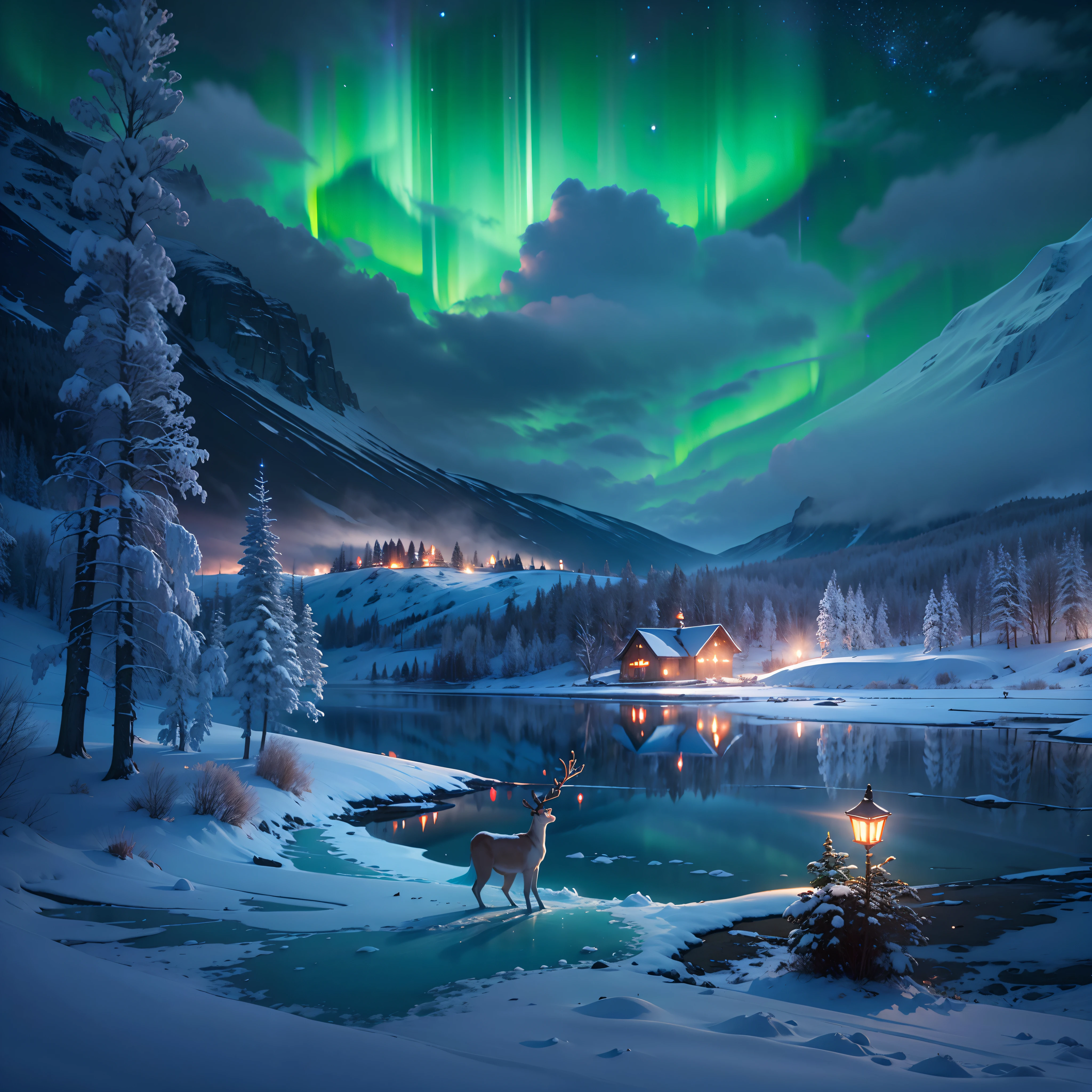 Best quality,High accuracy,(Masterpiece:1.2),Very detailed,Northern lights, High mountains covered with snow, Country house covered in snow,[(Reindeer),Yukito,(skating),The clouds,Shaboura,Moon,(Galaxies)], breathtaking landscape, Ice slopes, Frozen lake, peaceful, Majestic beauty, Starry night, Glowing ethereally, Nature&#39;s miracle, العزلة الpeacefulة, Heavenly wonders, wide, natural phenomenon, Quiet night, Quiet reflection, Sparkling stars, Mysterious magic