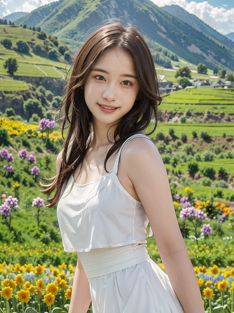 1 girl, Dynamic angle, clouds and mountains, (flower field:1.4) in the foreground, white dress, light tracking, (Multi-colored wind blows:1)
(realistic:1.4), official art, unity wallpaper 8k, very detailed, beautiful and beautiful, Masterpiece,best quality, Glowing skin, movie light, Smiling softly