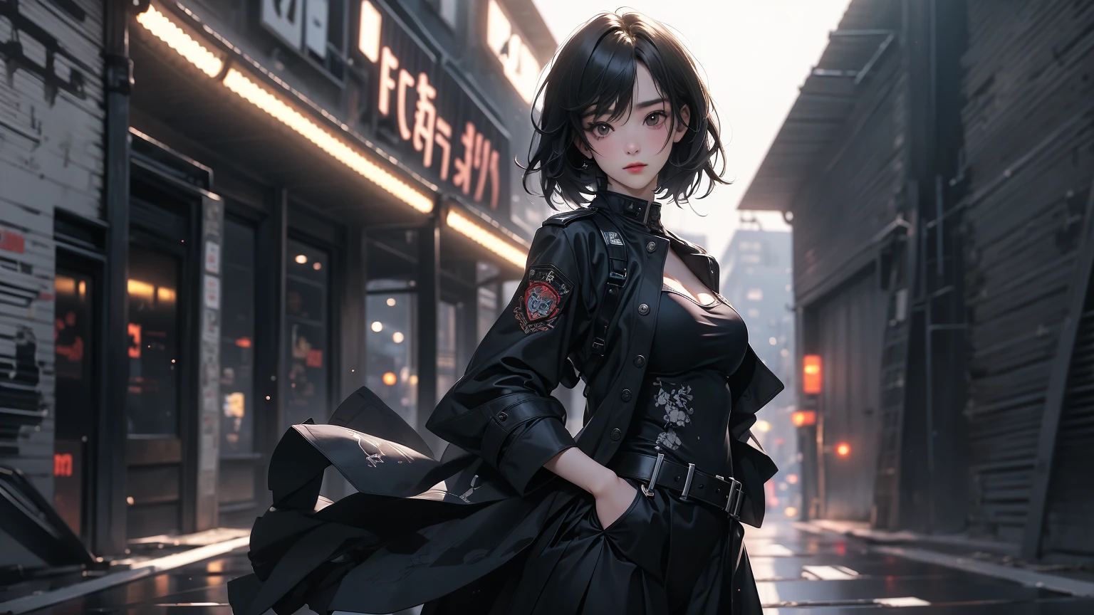 ((Highly detailed CG unit 8k wallpaper, masterpiece, High resolution, highest quality, highest qualityのリアルテクスチャスキン)), ((Upper body, front, Hands in pockets pose:1.3, fashion model pose, A cool NY fashion girl influenced by nostalgic and inorganic mode fashion., detailed costume:1.4, Coordination of black lace layered maxi skirt and military jacket:1.3, Asymmetrical short hair, Komatsu, small tits(((blurred background, Black and white graffiti art in an empty New York back alley))), hyper realistic, digital painting, concept art,