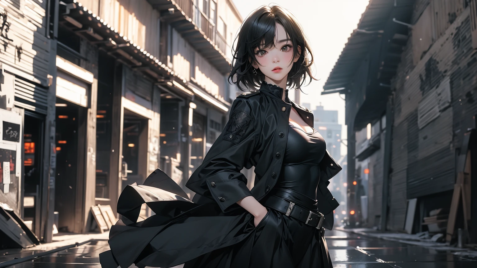 ((Highly detailed CG unit 8k wallpaper, masterpiece, High resolution, highest quality, highest qualityのリアルテクスチャスキン)), ((Upper body, front, Hands in pockets pose:1.3, fashion model pose, A cool NY fashion girl influenced by nostalgic and inorganic mode fashion., detailed costume:1.4, Coordination of black lace layered maxi skirt and military jacket:1.3, Asymmetrical short hair, Nana Komatsu, small tits)), (((blurred background, Black and white graffiti art in an empty New York back alley))), hyper realistic, digital painting, concept art,