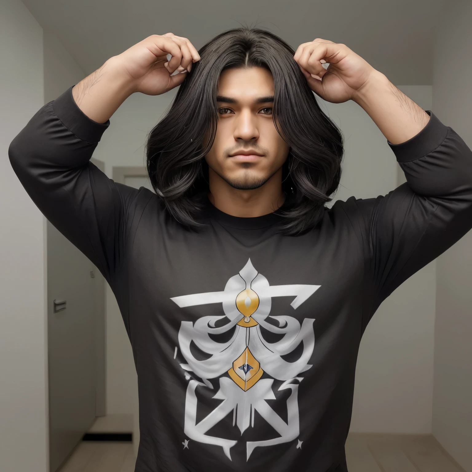 Um homem bonito, de cabelos ondulados preto e grande, no estilo de anime com o cabelo bem cheio