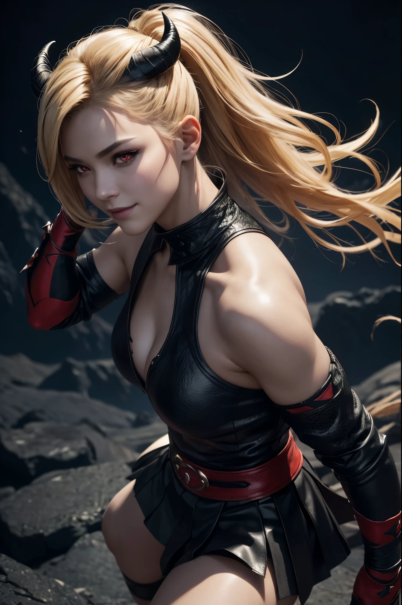 8K,Demon Slayer, the female demon,Super beautiful(like the real thing),黒と赤のsexyな衣装,black tight skirt,devil's horns,red eyes,masterpiece,Photorealistic RAW photos of the highest quality。bright colors,rich colors, Backlight, cinematic lighting, film grain, to be born, 50MM lens, Nikon D850,fantasy art,character art,ultra high resolution,super realistic skin,beautiful expression,Dark mountain range,Devil makeup,blonde mohawk hair,smile,Close-up,perspective from above,dynamic pose,sexy,action scene,martial arts,take a stand,battle pose,