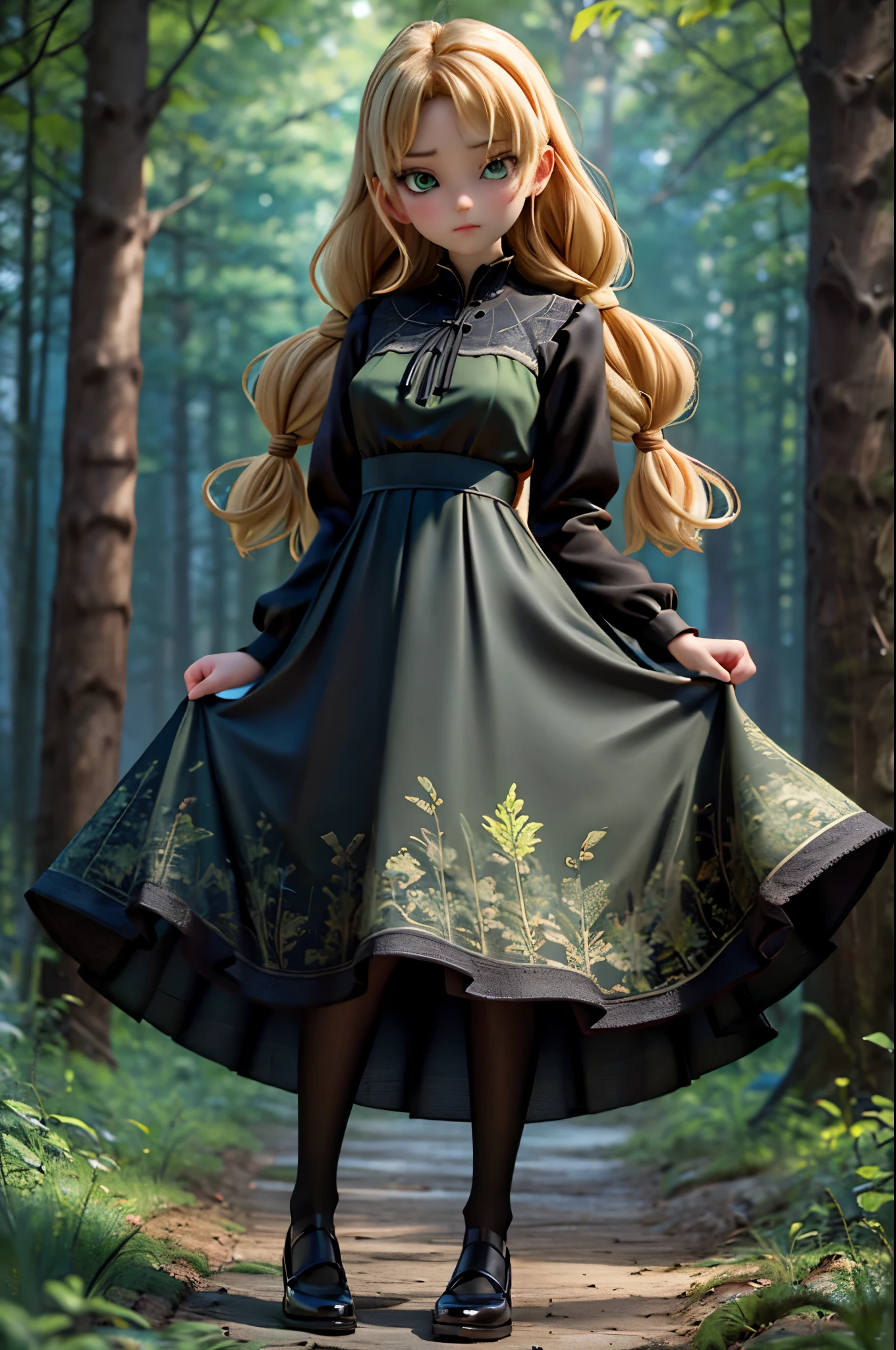 whole body、dress、pantyhose、black footwear、blonde hair、loose braids、beautiful face、green eyes、forest background、(masterpiece:1.2)、highest quality、disorganized、highly detailed wallpaper、perfect lighting、(黒と黄色のdress、long)sleeve:1.1)