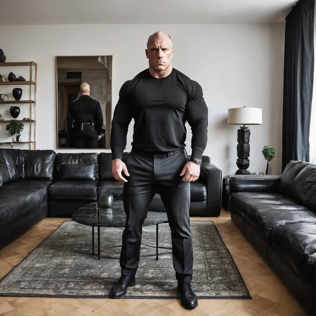 massive, strong, muscular, bald bodyguard, in a living room.