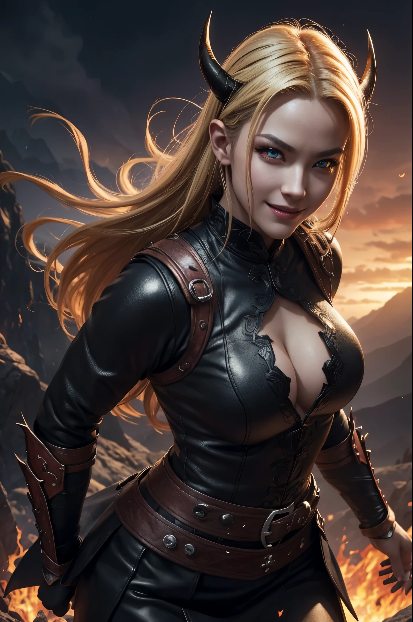 8K,Demon Slayer, the female demon,Super beautiful(like the real thing),黒と赤のsexyな衣装,black tight skirt,devil's horns,red eyes,masterpiece,Photorealistic RAW photos of the highest quality。bright colors,rich colors, Backlight, cinematic lighting, film grain, to be born, 50MM lens, Nikon D850,fantasy art,character art,ultra high resolution,super realistic skin,beautiful expression,Dark mountain range,Devil makeup,blonde mohawk hair,smile,Close-up,perspective from above,dynamic pose,sexy,action scene,martial arts,take a stand,battle pose,