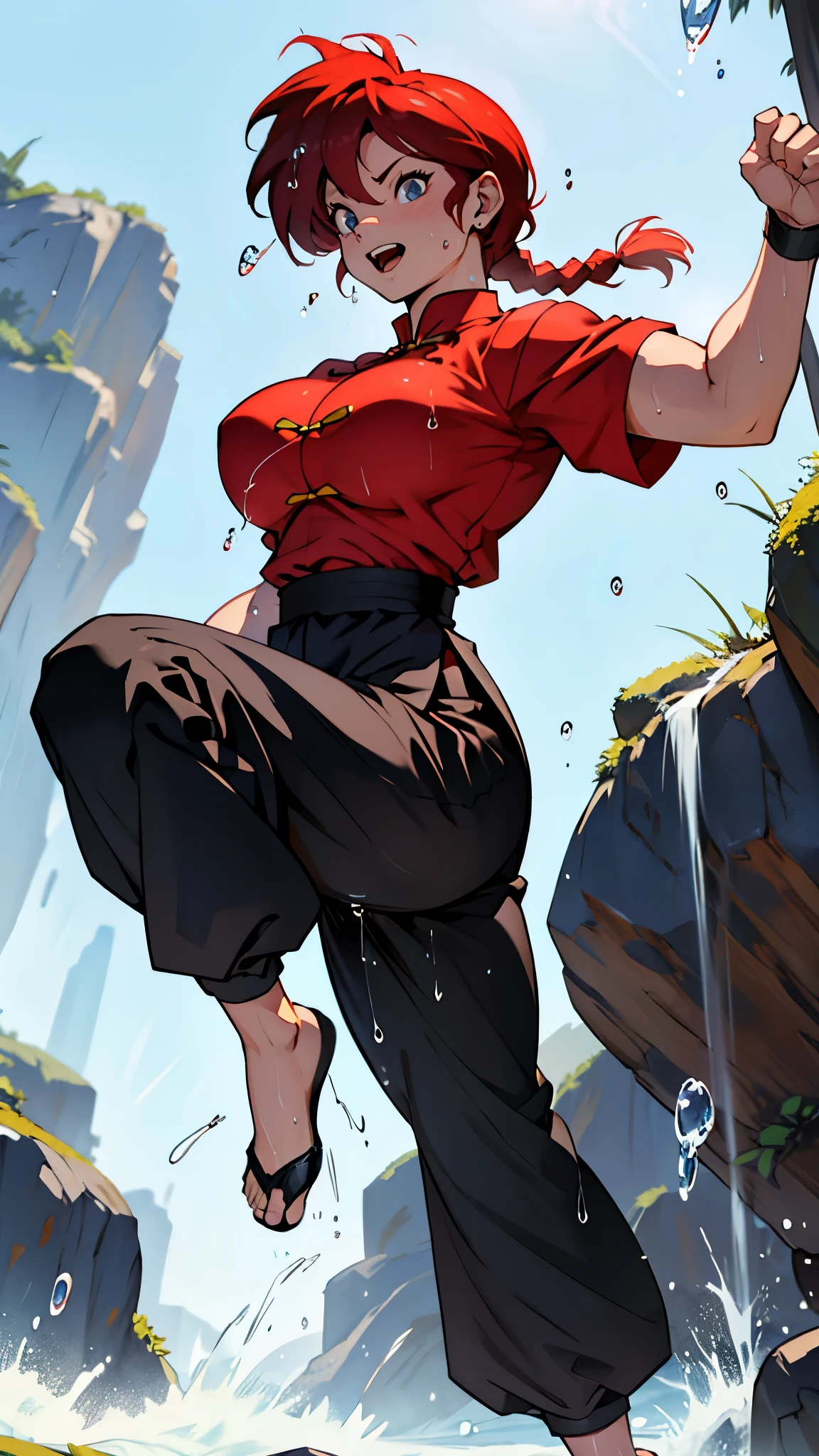 masterpiece, ultra quality, Beautiful detailed, extremely detailed,16K, exquisite, absurdity, highres, Beautiful background, Beautiful eye, Beautiful skin, anime style, 1girl, solo, looking at the viewer, upper body focus, huge breasts, big ass, red_hair, single braids BREAK Ranma red_shirt, ranma black_pants, Black_kung fu_shoes BREAK Cameltoe, (((muscular:1.5))), cheeky smile, open your mouth wide, Cheeky daughter, A dynamic pose, (Kick with one leg raised high:1.3), (i-shaped balance:1.1), detailed hands, perfect anatomy, (sweat droplets:1.5), outdoor, loose, Togenkyo,