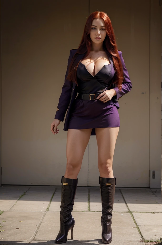 one beautiful women, ankle boots, high heel stilettos, purple military uniform, full body view, extrem long hair, cleavage, red hair, extrem short skirt, Burgunderrote haare,
