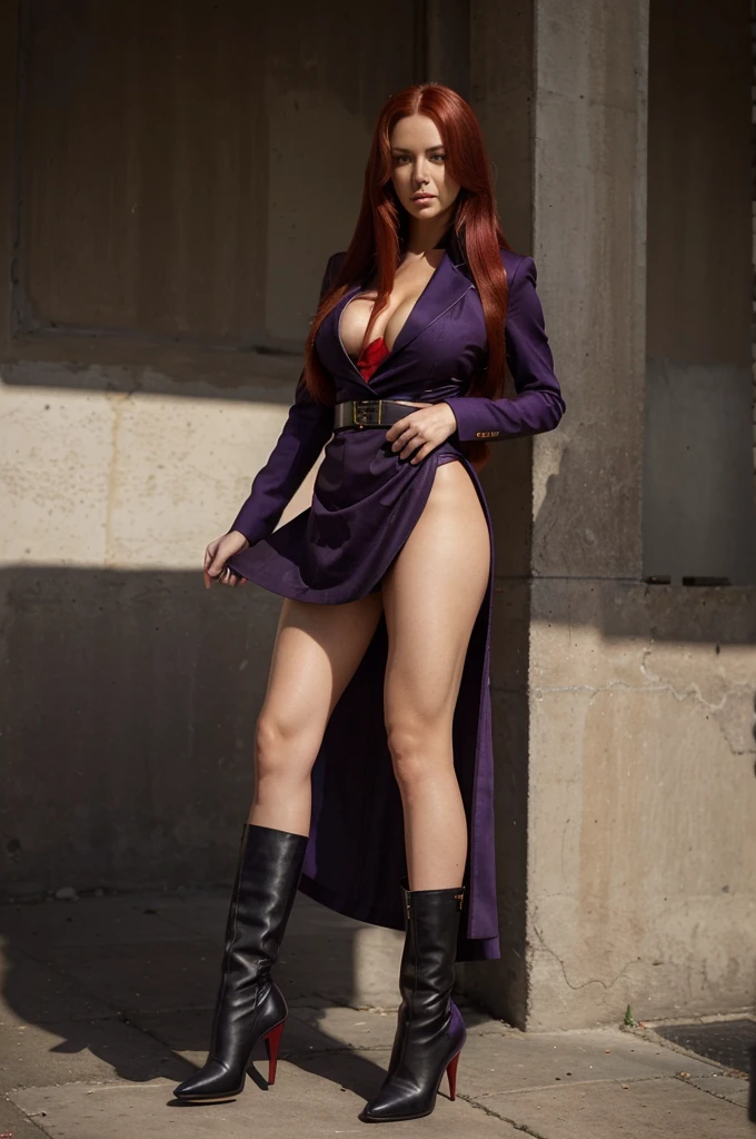 one beautiful women, ankle boots, high heel stilettos, purple military uniform, full body view, extrem long hair, cleavage, red hair, extrem short skirt, Burgunderrote haare,