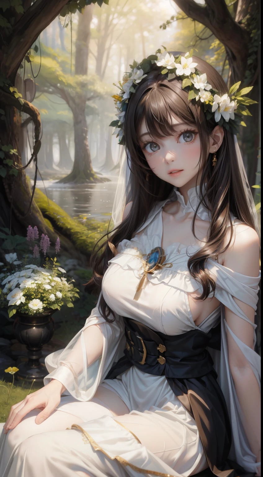 masterpiece, highest quality, figure, colorful, landscape, fantasy, forest, 1 girl, girly, face focus, skinny, bare shoulders, clavicle, Detailed black long hair, gray eyes, Holy Smile , wreath, white dress, holy light, forest, sea of trees, flowers, sitting on the ground、Two-dimensional beautiful girl、perfect beauty、perfect proportions、big breasts、The cutest in the world、facing forward、looking at the viewer