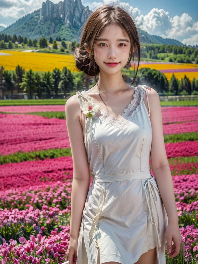 1 girl, Dynamic angle, clouds and mountains, (flower field:1.4) in the foreground, white dress, light tracking, (Multi-colored wind blows:1)
(realistic:1.4), official art, unity wallpaper 8k, very detailed, beautiful and beautiful, Masterpiece,best quality, Glowing skin, movie light, Smiling softly