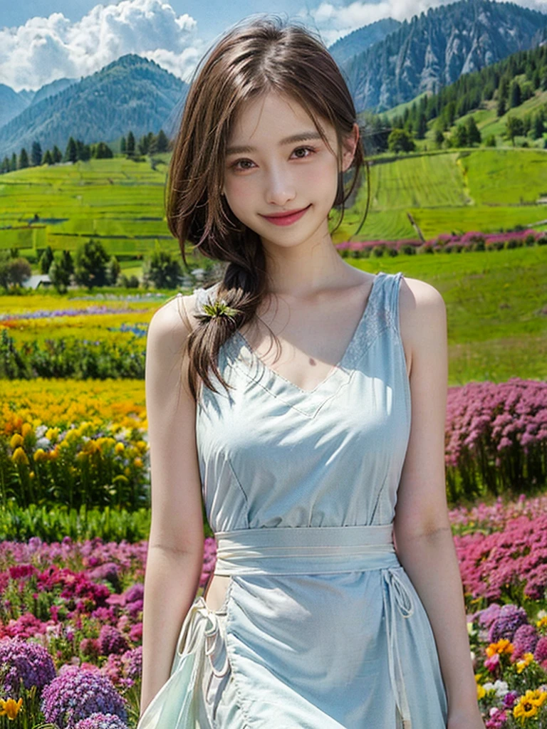 1 girl, Dynamic angle, clouds and mountains, (flower field:1.4) in the foreground, white dress, light tracking, (Multi-colored wind blows:1)
(realistic:1.4), official art, unity wallpaper 8k, very detailed, beautiful and beautiful, Masterpiece,best quality, Glowing skin, movie light, Smiling softly