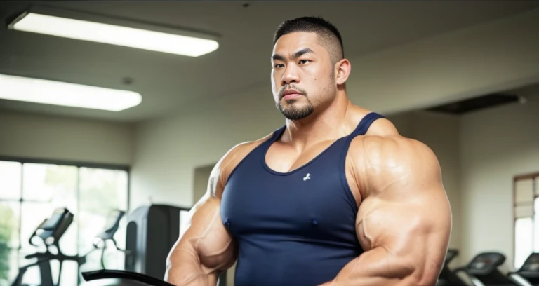 (tank top:1.4), (at gym:1.4), 40's, (Japanese face:1.4), (Korean face:1.4), (Chinese face:1.4), (Taiwanese face:1.4), manly face, fat face, (round face:1.4), (monolid eyes:1.2), (buzz cut:1.4), very large and strong body, bulky body, beefy muscles, (bulging muscles:1.4), (very large pectoral muscles:1.4), (muscular arms:1.4), muscular abs, muscular legs, muscular back, bright oily skin, (realistic:1.2), distant view