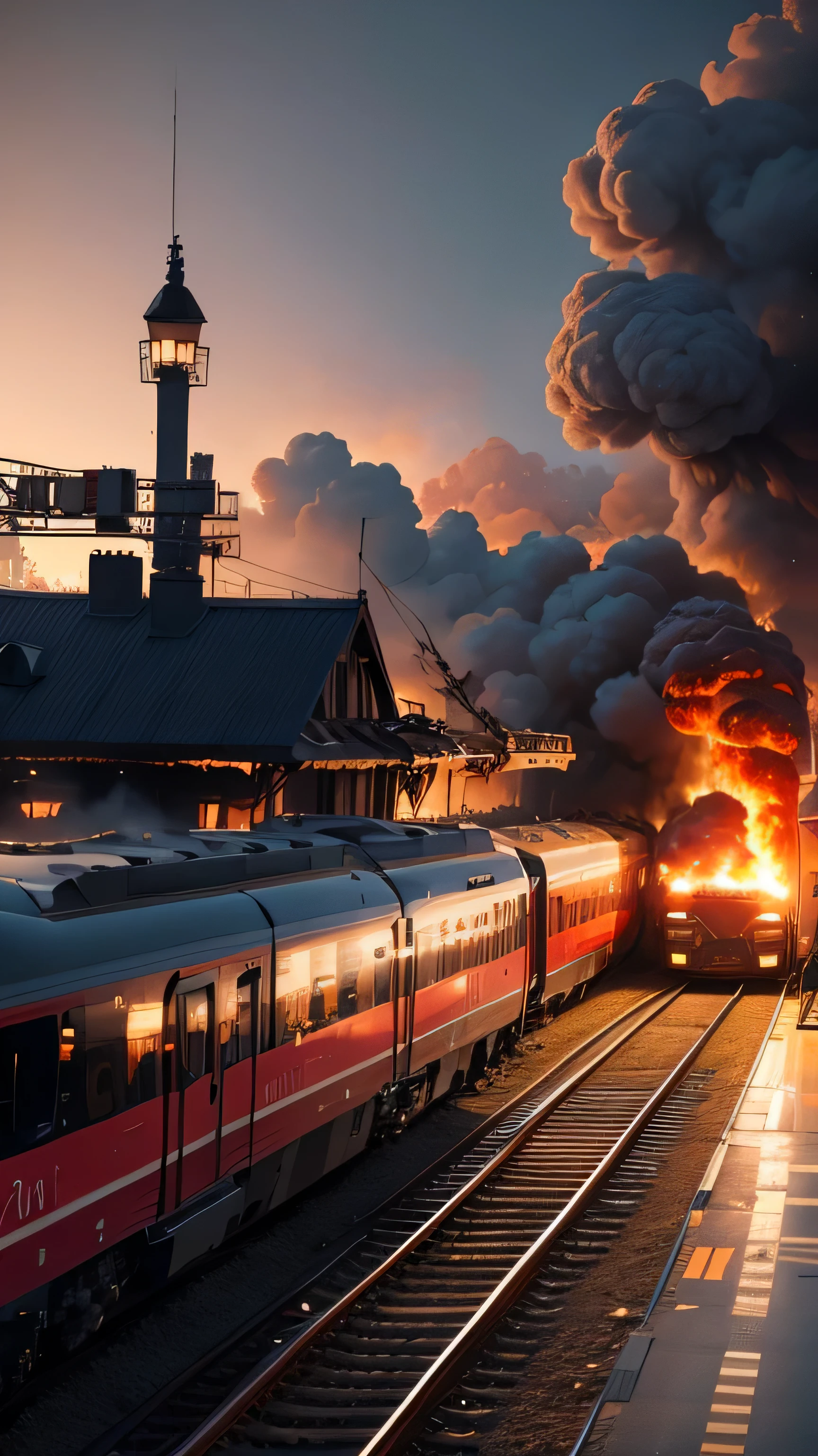 train crash, train station on fire, broken, 8k, high quality, 8k, high quality