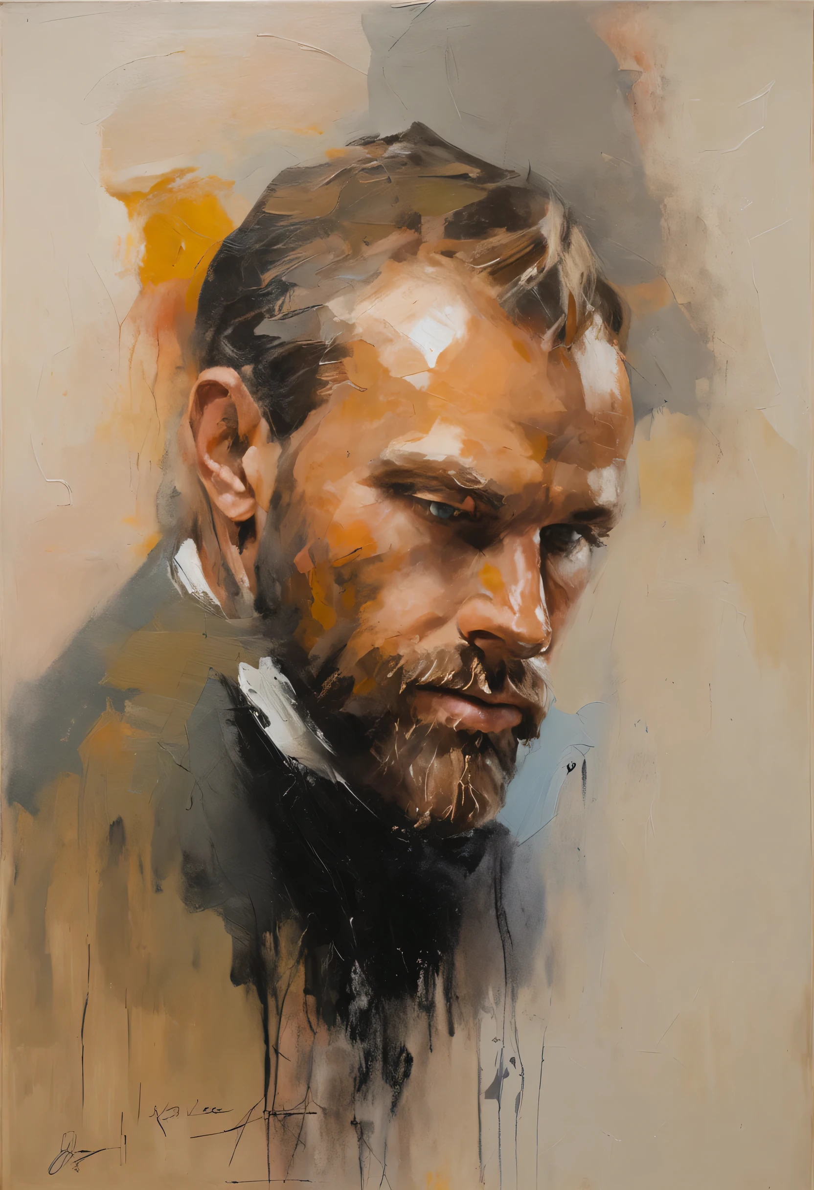 Pale skin and haggard face. Romanian，Messy blonde hair，Short beard. Wearing a black suit and black shirt, With a strong almond eye smoldering feeling. A sense of power and authority. rugged look. young people. layered eyes