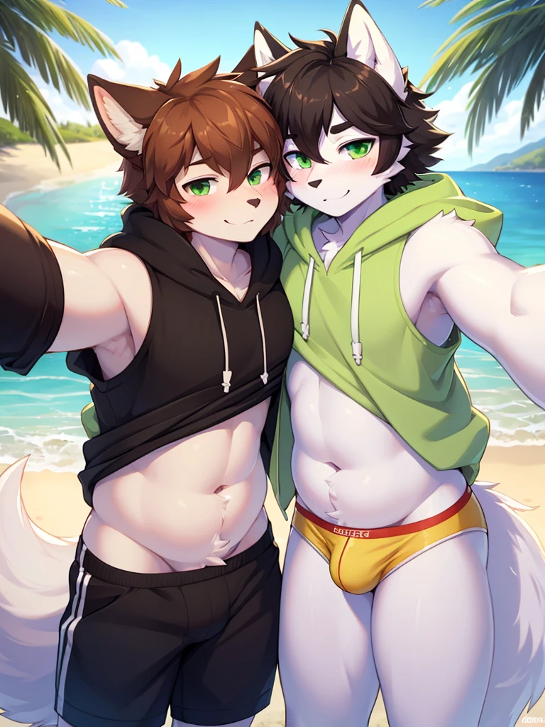 ((best quality, masterpiece, perfect anatomy, detailed picture)), male furry,  white arctic protogen, white arctic fox,  green eyes, sexy body, big buldge, fluffy tail, red blushing, shy, in the beach, front view, handsome,  brown short hair, wearing a yellow underwear, fat , wearing a black  sleeveless hoodie, take a selfie with his male friend wearing a green hoodie, gay