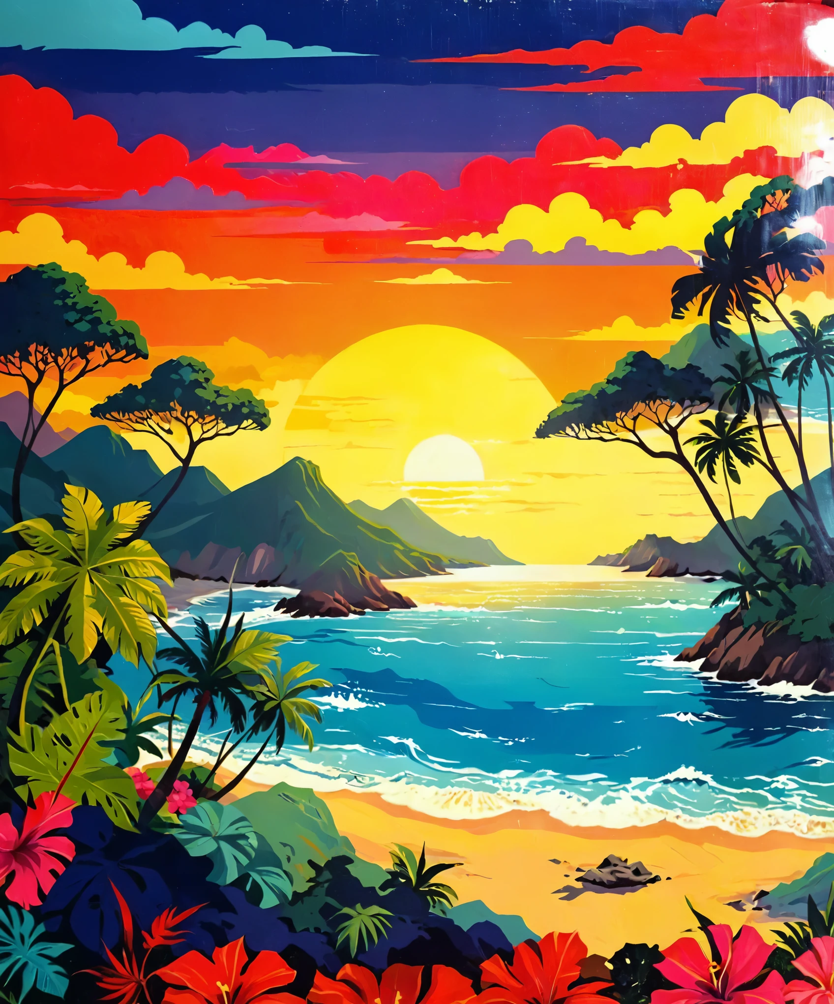tropical musical beach sunset vector illustration, Al estilo de Dan Mumford, vintage estética, composiciones inspiradas en la naturaleza, dark and gloomy landscapes, Paisajes tropicales