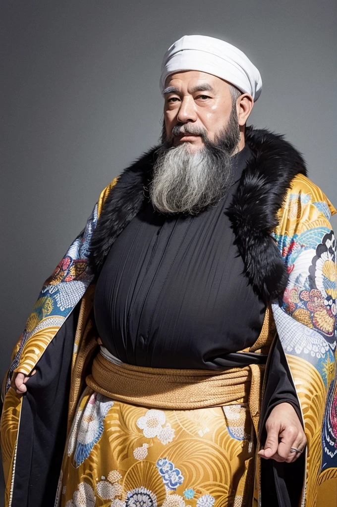 Old man with beard、ink painting、Wearing an aura、Kimono appearance、one person、Holding a large brush、Intelligent、solid、highest quality、masterpiece、cool