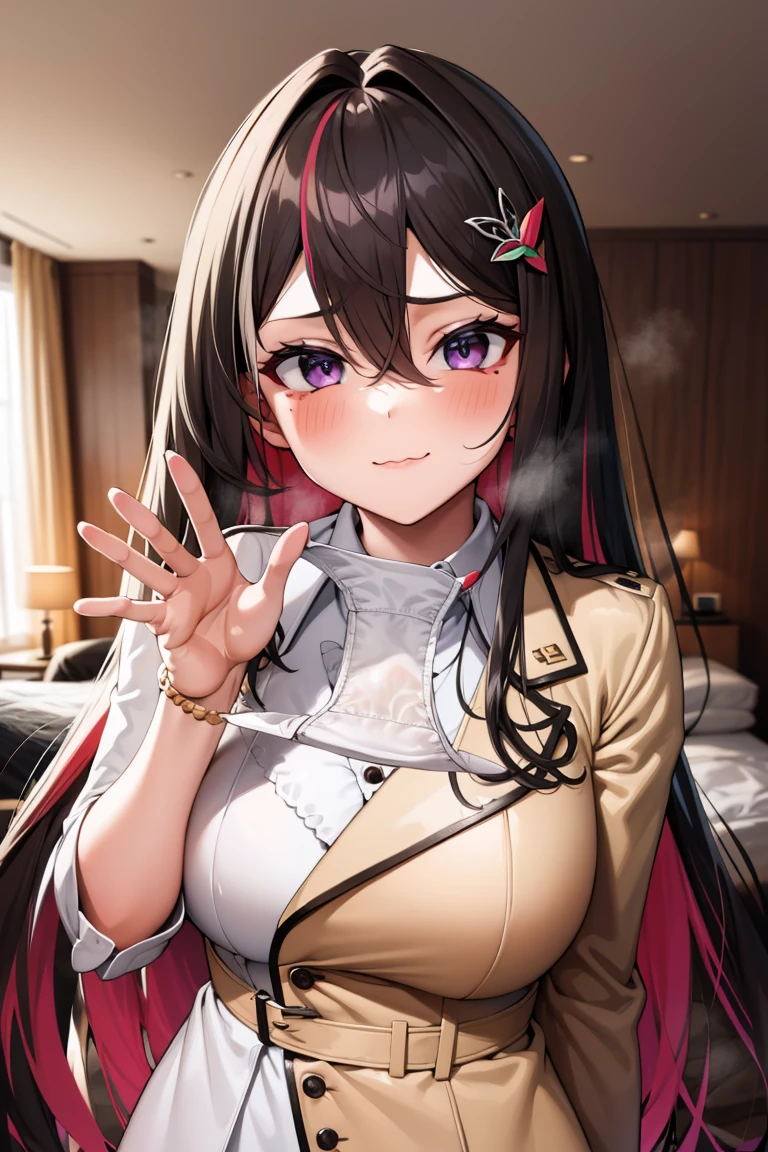 azki_(hololive), 1girl, solo, multicolored hair, pink hair, purple eyes, black hair, dress, hair between eyes, white dress, brown dress, brown jacket, jewelry, long sleeves, x hair ornament, bangs, bracelet, very long hair, streaked hair, hairclip, large breasts
BREAK
(nsfw), 1girl, prensentingpanties, white panties, holding,holding panties, upper body, stains
BREAK
shy, (blush), (close your mouth), :3
BREAK
official art, best masterpiece, best quality, highres, 8K, ultra-detailed, super resolution, highly detailed hands, highly detailed fingers, highly detailed nose, very detailed detailed mouth, perfect anatomy, in oil painting style
BREAK
bed room, dust, dust, extremely detailed and very fine 16KCG wallpapers