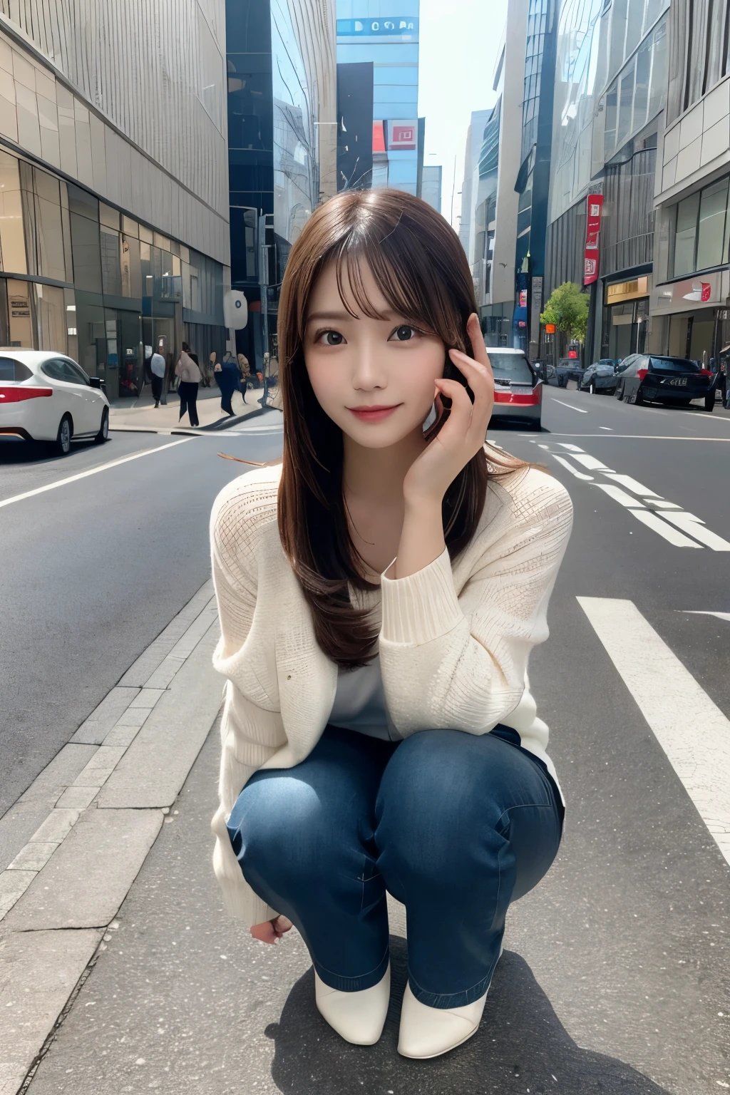 finely, High resolution, high quality、perfect dynamic composition, detailed and beautiful eyes, medium hair, 、natural color lip,Kamimei、smile、Shibuya Ward、25 year old girl、1 person、transparent skin、shining hair、table top, 最high quality, Super detailed, finely, High resolution, 8K、correct state of the human body、squat、sculpture model pose，Take a photo with your hair blowing in the wind,((don&#39;t wear pants:1.5,))