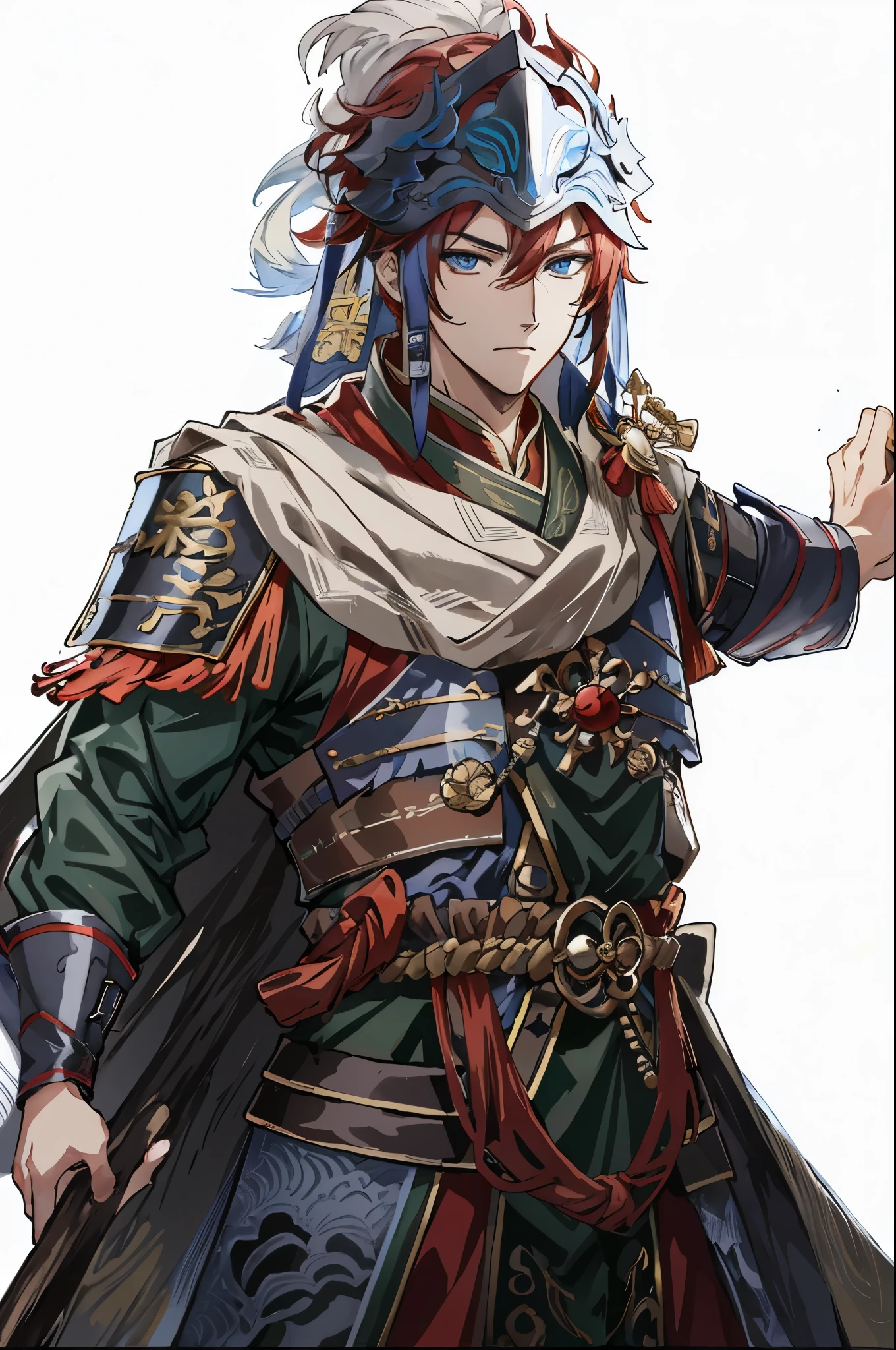 Red haired anime character holding a spear, Taisho Rome, 斩妖除魔艺术中的handsome guy, detailed anime character art, 《Genshin》Keqing in, official character art, inspired by Ryūsei Kishida, Illustrations by Soejima Shigenori, official art, anime character art, Best Anime Character Design,handsome guy,Chinese style武将,This general,Chinese style,blue eyes,red eyelashes,General's Armor,Raise the other hand,young general,Inspired by Zhao Yun,Jiang Wei in Dynasty Warriors,Red messy hair,Helmet with protection on head