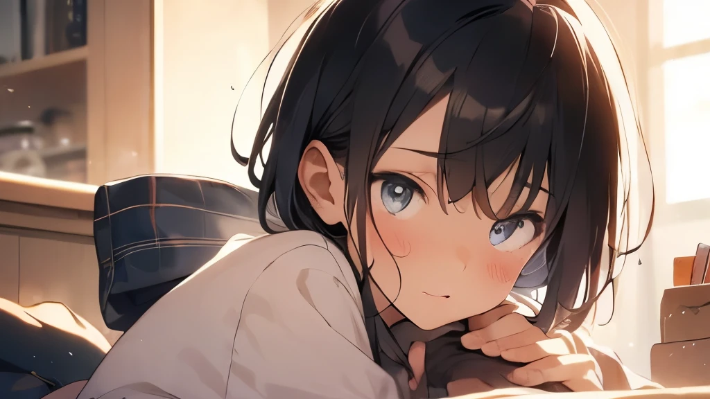 (embarrassed,blush:1.3),
,(steam:0.8),(wet:0.8),(sweat:0.8),(trembling:1.3)
,(parted lips:1.3),(harf open eyes:1.4),(feeling weak:1.5)、tongue out、Transparency、17 year old female、black hair、short hair、one&#39;s home