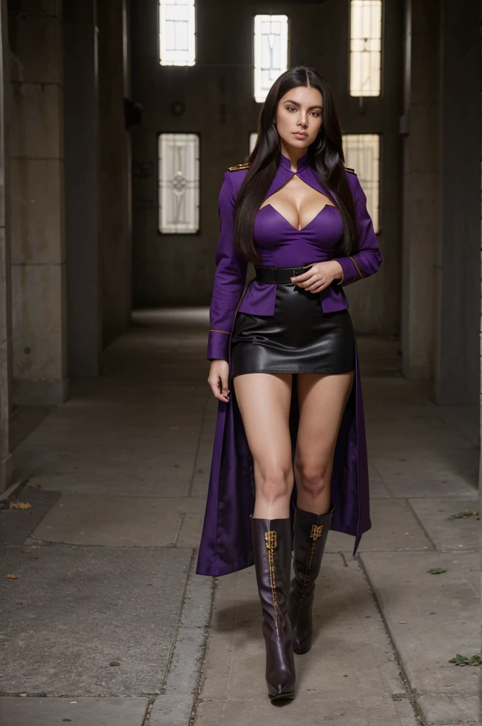 one beautiful women, ankle boots, high heel stilettos, purple military uniform, full body view, extrem long hair, cleavage, extrem short skirt, Burgunderrote haare,