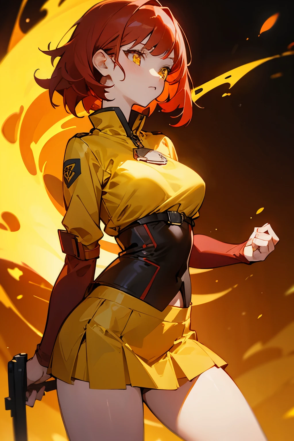 Girl, fire, short red hair, yellow eyes, yellow clothes, medium-sized breasts, short skirt,