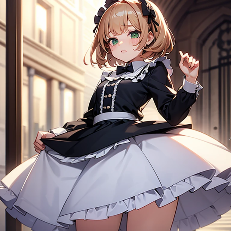 Girly looking boy, short, swirly almond hair, green eyes, Lolita dress, raising skirt, panties, palace hallways background.