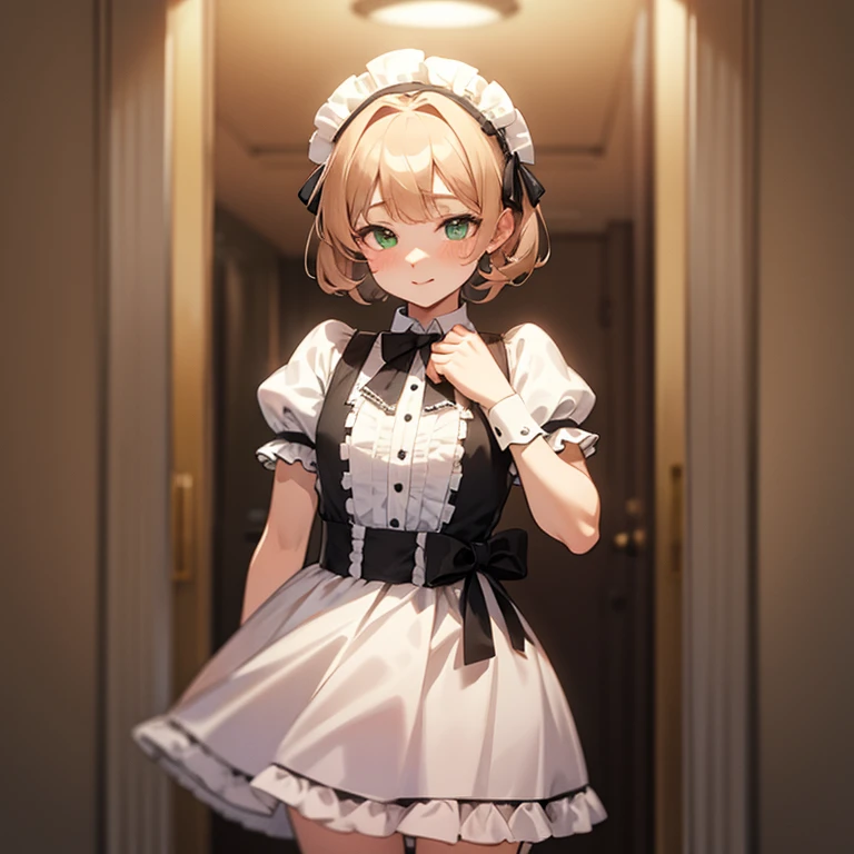 Girly looking boy, short, swirly almond hair, green eyes, ta dress, raising skirt, panties, palace hallways background.