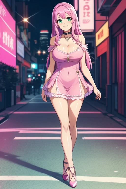 1 girl, 19 years old, Long pink hair, green eyes with slit pupils, master-piece, best quality, (standing up), (pink dress), (tight short pink dress, pink heels, cleavage), (Big , ultra gigantic , Super super big, Glamorous body), Make eye contact with the camera, front figure, looking forward, (light_Smile:1.5), (Detailed hands and fingers:1.2) (Cyberpunk City), (FULL BODYSHOT), thighs thighs thighs thighs、beauty legs、